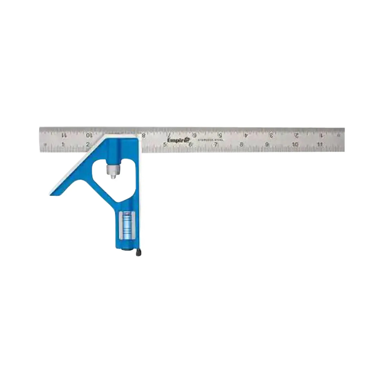 The Go Build 12 in. Combination Square is a heavy-duty tool with a blue handle and stainless steel blade, ideal for measuring and marking straight lines or right angles in woodworking or metalworking.